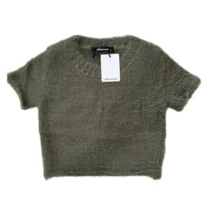 Olivaceous Stitch Fix cropped top fuzzy sweater tee shirt faux fur green Small
